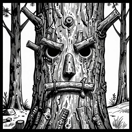 Black-and-white ink drawing of a menacing, tree-like face with angry eyes, crossed branches for eyebrows, and a wooden trunk mouth. Forest background.