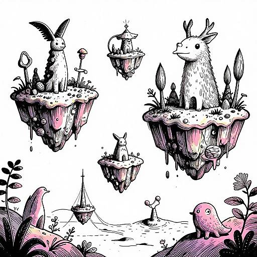 Whimsical ink drawing of floating, pink-tinted, plant-covered platforms with various birds and small creatures, set against a white background.