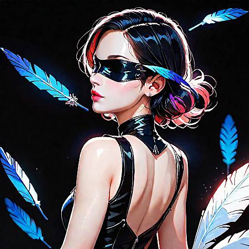 Anime Girl in Black Blindfold with Blue Feathers