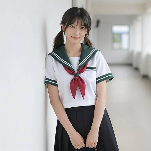 Cheerful Asian Girl in Sailor Uniform