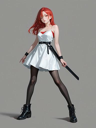 Digital anime-style illustration of a red-haired woman in a white sleeveless dress, black belt, black stockings, and black boots, holding a bat.