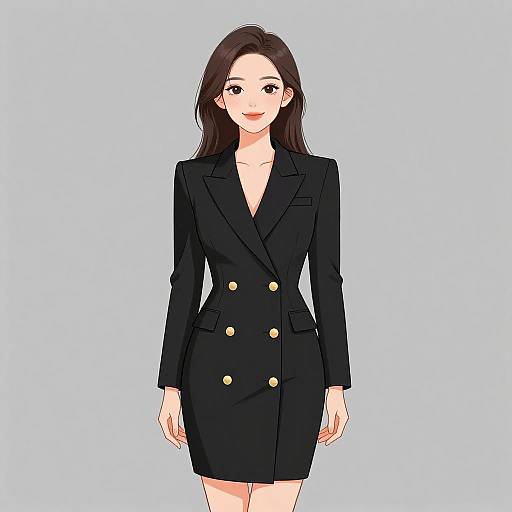 Digital anime-style drawing of a young Asian woman with long black hair, wearing a black double-breasted blazer with gold buttons, standing against a light