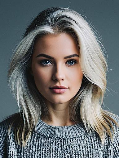 Woman with gray blonde hair and blue eyes