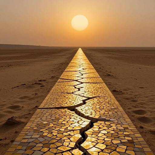 Photograph of a cracked, golden mosaic pathway stretching into a desert under a glowing, orange sunset, creating a striking contrast.