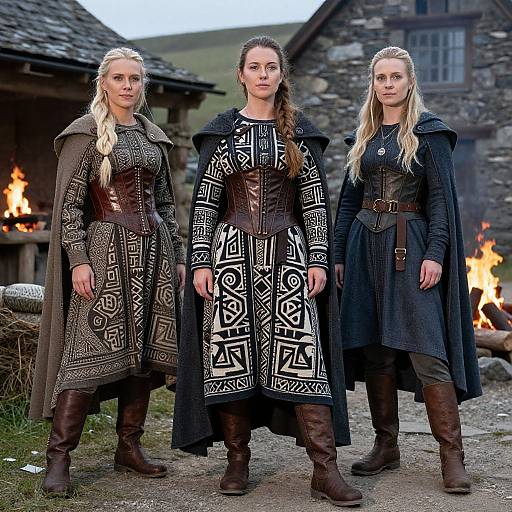 Photograph of three blonde women in medieval Viking attire with intricate black and white patterns, standing in front of a stone house with fire, wearing dark clo