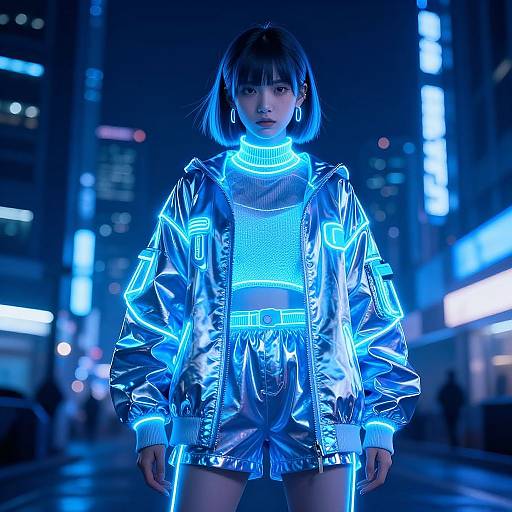 Neon-lit cyberpunk photograph of an Asian woman with short black hair, wearing a glowing blue mesh top and shiny silver jacket, standing in a