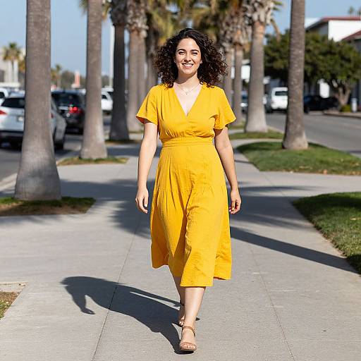 Photograph of a smiling woman with curly black hair, wearing a bright yellow dress and sandals, walking on a sunny, palm tree-lined sidewalk.