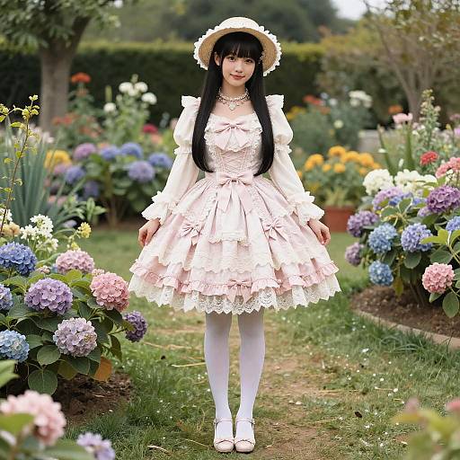Photograph of an East Asian woman with long black hair, wearing a white lace dress, hat, and stockings, standing in a colorful flower garden.