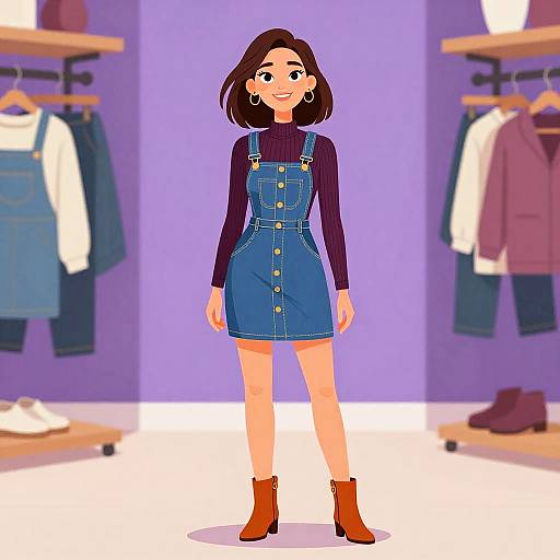 Retro Casual Woman in Denim Pinafore