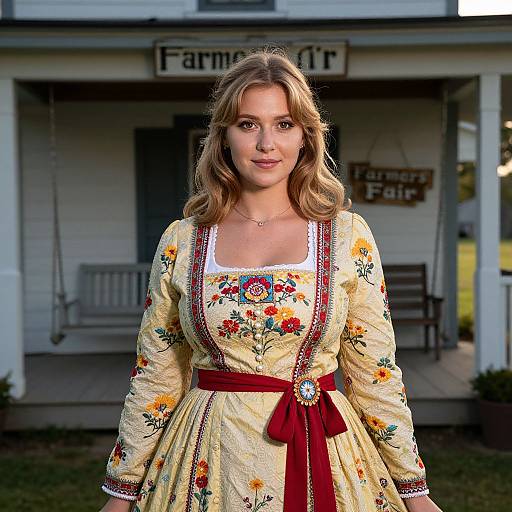 Photograph of a young woman with wavy brown hair, wearing a yellow floral dress with red sash, standing in front of a farmhouse labeled 
