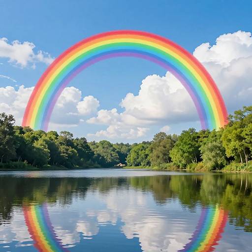 Photograph of a vibrant rainbow arching over a calm, reflective lake surrounded by lush green trees, with a bright blue sky and fluffy white clouds.
