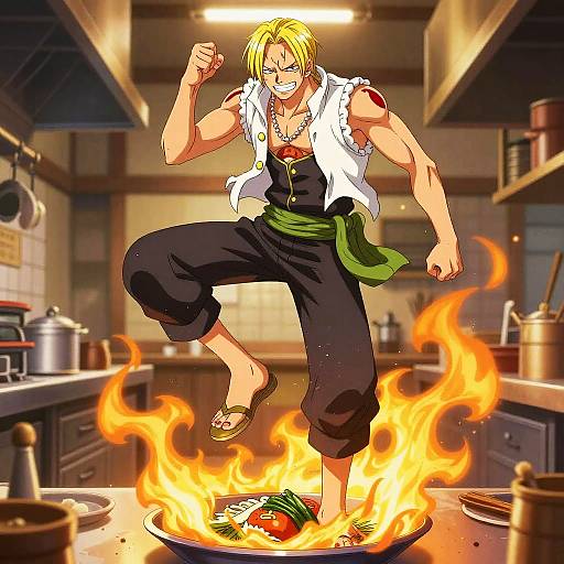 Digital anime-style drawing of a muscular, blonde-haired man in a white vest and black pants, standing on a kitchen counter with flames beneath, flexing