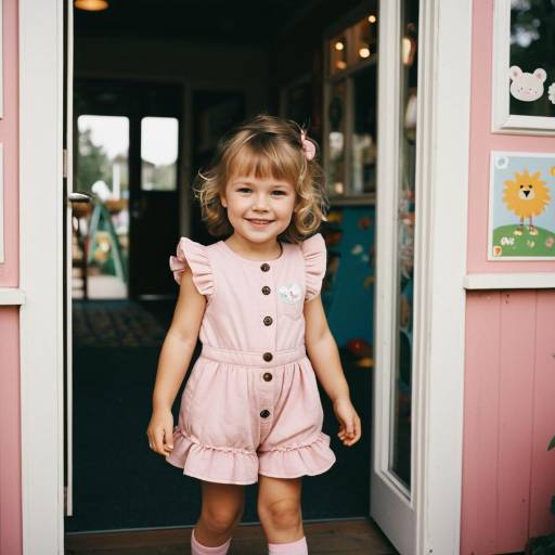Toddler Girl in Pink Playsuit by Playroom Entrance