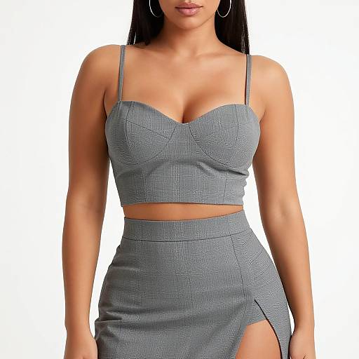 Photograph of a woman with long black hair, wearing a gray, textured crop top and high-waisted skirt with a side slit, against a