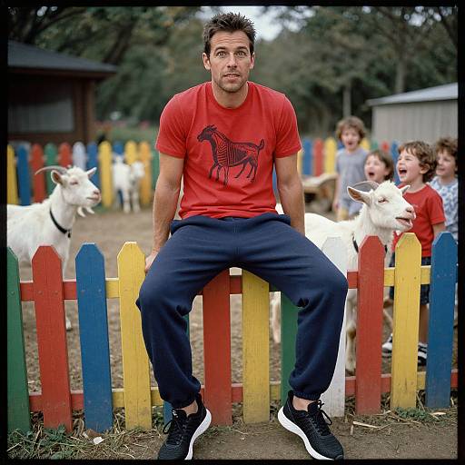 Photograph of a muscular man in a red t-shirt with a goat graphic, dark pants, and black sneakers, sitting on a colorful picket fence