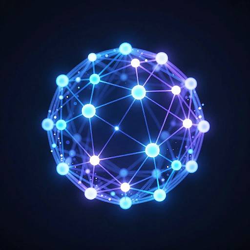 Digital CGI of a glowing blue and white spherical molecular structure against a black background, with interconnected lines and bright, luminous nodes.