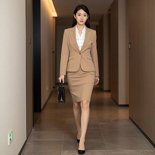 Photograph of an Asian woman with long black hair, wearing a beige suit, white shirt, black heels, and holding a black handbag, walking