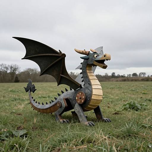 Photograph of a detailed, colorful plastic dragon figurine with black wings, gray scales, and a yellow belly standing on grassy field.