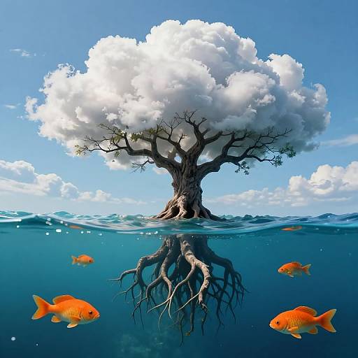 Photograph-like CGI: Tree with large, white clouds above water, visible roots, surrounded by orange fish, blue sky, and sunlight.