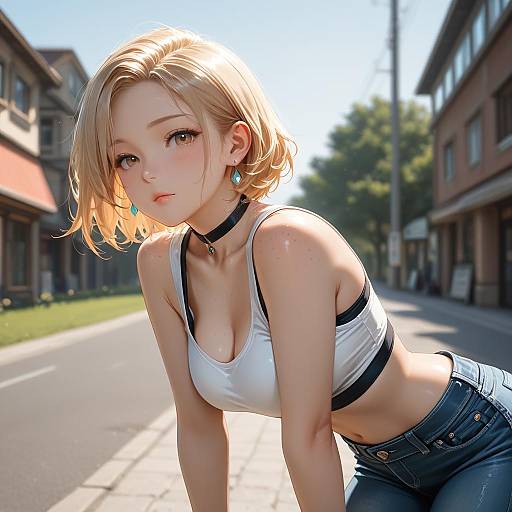 Blonde Woman Outdoors in Casual Outfit