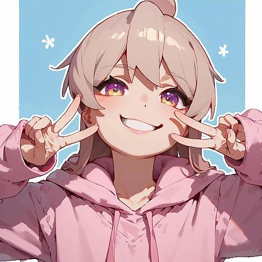 Anime Girl in Pink Hoodie Making Peace Signs
