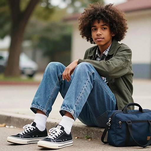 Teen Boy Sitting Outdoors in Casual Outfit