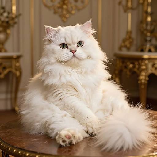 Photograph of a fluffy white Persian kitten with bright blue eyes, sitting on a polished wooden table in an ornate, gold-accented room.