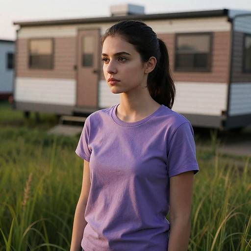 Young Woman in Grass with Mobile Home