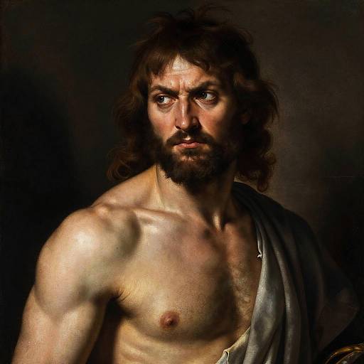 Digital painting of a muscular, bearded man with intense eyes, dark wavy hair, and a draped cloth, set against a dark background.