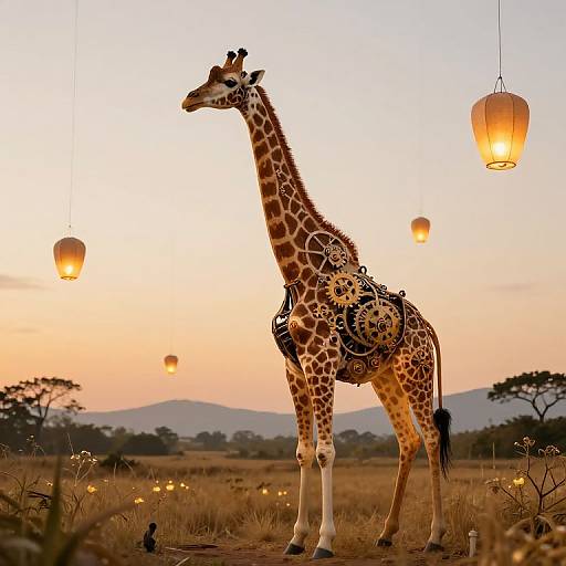 Photograph of a giraffe with ornate saddle, standing in a sunset-lit savanna, illuminated by hanging lanterns, with distant mountains and