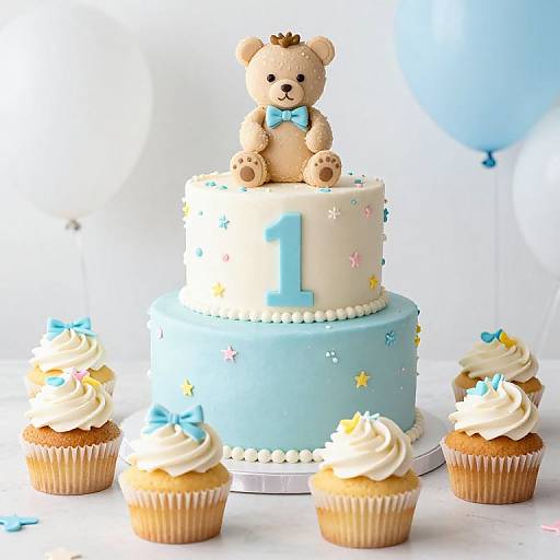 Photograph of a two-tiered baby shower cake with blue and white fondant, a teddy bear topper, and five decorated cupcakes with white