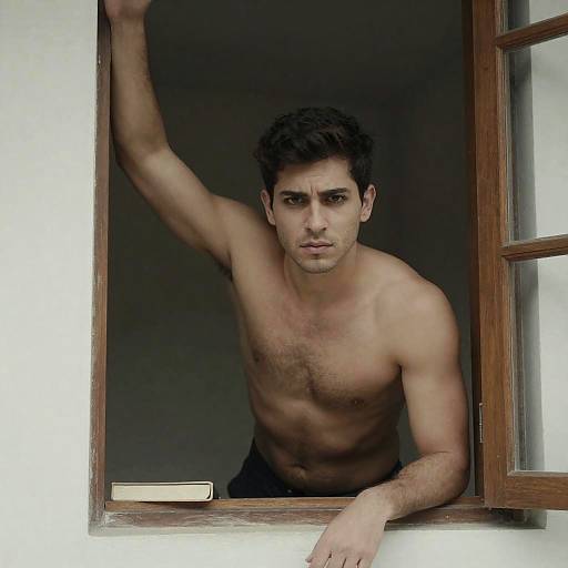 Intense Shirtless Man at Window