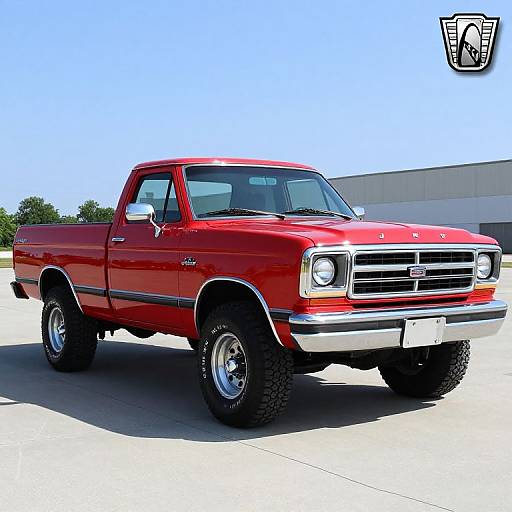 Photograph of a bright red, vintage, lifted Chevrolet pickup truck with chrome accents, large black tires, and a shiny silver grille, parked on a
