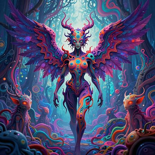 Digital fantasy artwork of a vibrant, winged demoness with glowing blue eyes, colorful, intricate markings, and large horns, standing confidently in a surreal