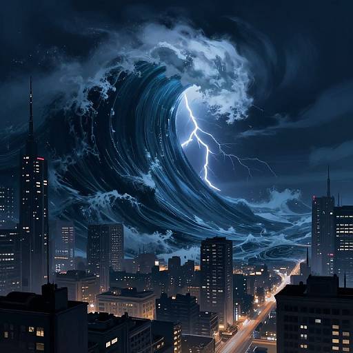 Futuristic City Hit by Tsunami at Night