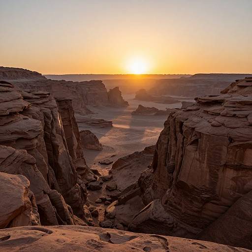Photograph of a stunning sunset over a rugged, canyon landscape with jagged, reddish-brown rock formations, casting long shadows, and a glowing
