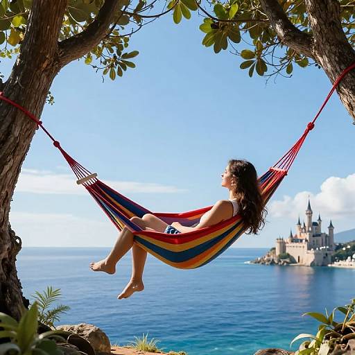 Photograph of a woman with long dark hair in a red, yellow, blue, and green striped hammock, suspended between tree branches, overlooking a