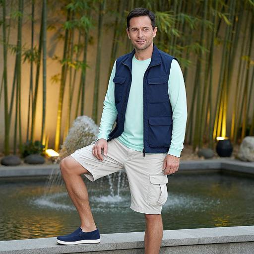 Photograph of a smiling, Caucasian man with short dark hair, wearing a light blue shirt, black vest, white shorts, and navy sneakers, standing