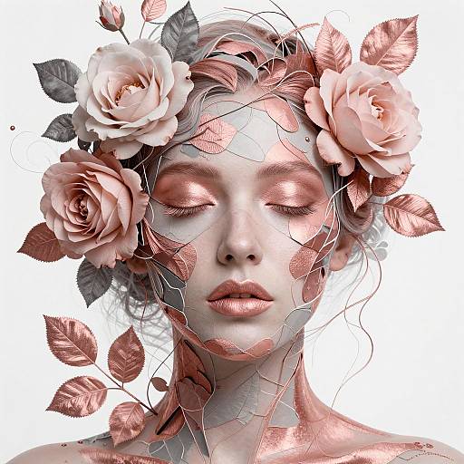 Digital artwork of a serene, pale-skinned woman with closed eyes, adorned with pink roses and leaves in her hair, against a white background.