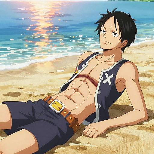 Anime-style digital drawing of a muscular, black-haired man with a defined six-pack, wearing a navy sleeveless top and dark shorts, lounging on