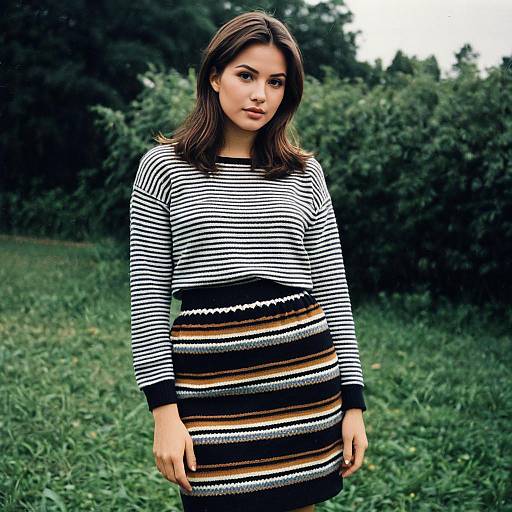 Young Woman in Striped Knit Skirt and Sweater Outdoors