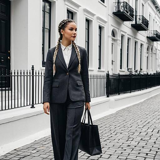 Woman in Charcoal Grey Suit with Braided Hairstyle