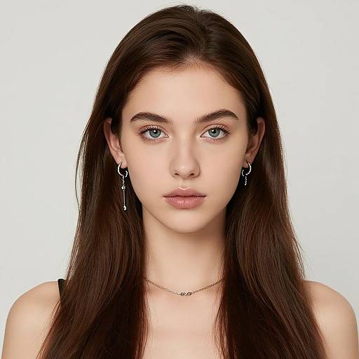 Photograph of a young woman with long, straight brown hair, blue eyes, and fair skin, wearing black earrings and a thin necklace, against a