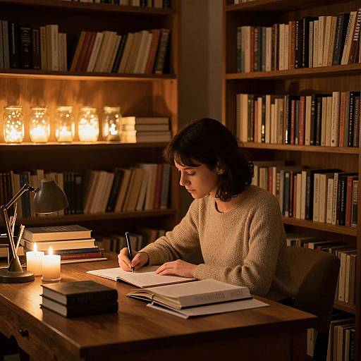 Photograph of a woman with dark curly hair in a beige sweater, writing in a notebook by warm candlelight in a book-filled library.