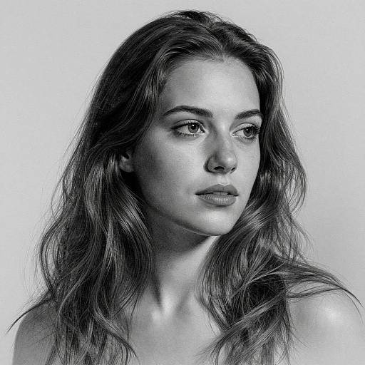 Monochromatic digital portrait of a beautiful woman with long, wavy hair and soft features, gazing slightly to the right, rendered in detailed,