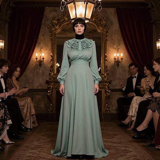 Photograph of a fashion model in a vintage-style, long, mint-green gown with ruffled neckline, standing in an ornate, dimly-l