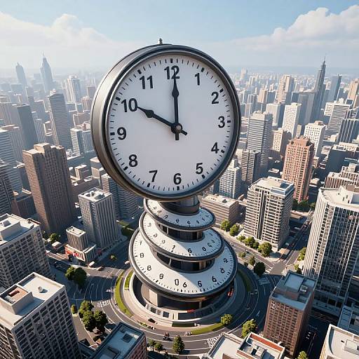 Giant clock tower with white face and black numbers, towering over a sprawling, sunlit cityscape of skyscrapers and streets.