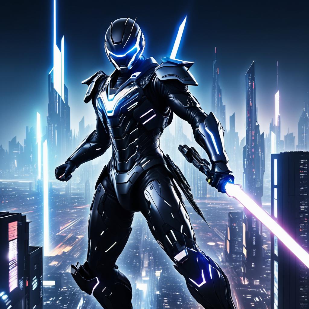 Cyborg Warrior in Futuristic Cityscape