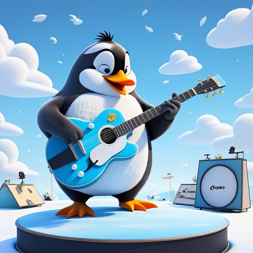 Whimsical Penguin Guitarist on Stage