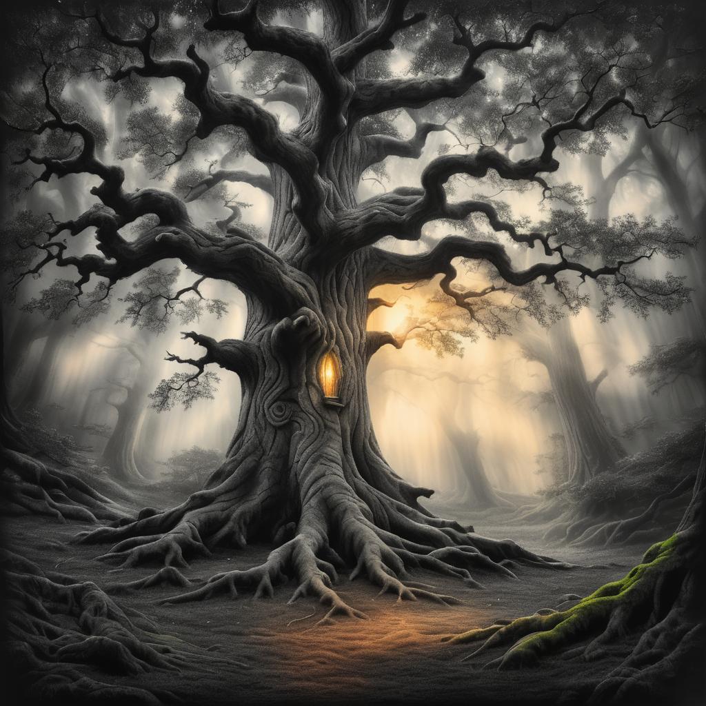 Mystical Oak Tree in Enchanted Forest